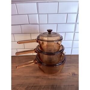 Pyrex Visions Corning Ware Amber 6 Pc Pot Set 1 L, 1.5 L, 2.5 L W/Lids